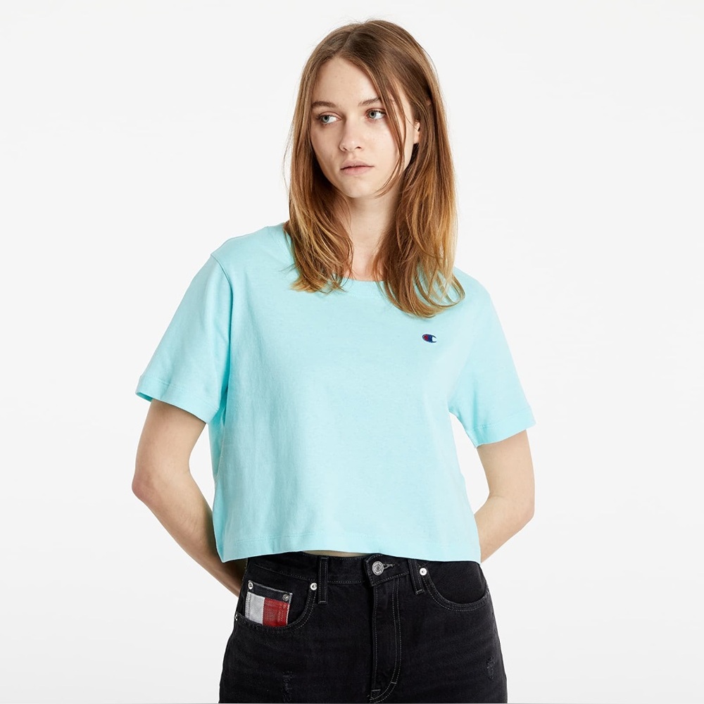 Champion Aqua Cropped Tee with Embroidered Logos